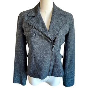 Ralph Lauren 100% Lambswool Gray Charcoal Tweed Zip Crop Moto Bomber Jacket 6P